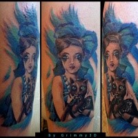 Illustrative style colored tattoo of magical woman with cat