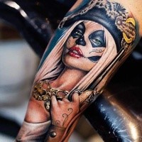 Illustrative style colored tattoo of Mexican sexy woman