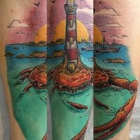Illustrative style colored tattoo of ocean crab with lighthouse