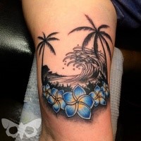 Illustrative style colored tattoo of waves with palm trees and flowers
