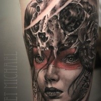 Illustrative style colored tattoo of woman with cat skull mask