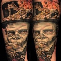 Illustrative style colored tattoo of zombie smoking face with cool hat