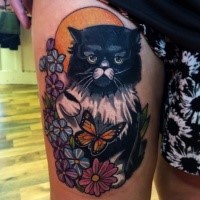 Illustrative style colored thigh tattoo of cat with flowers and butterfly