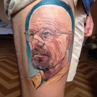 Illustrative style colored thigh tattoo of Breaking Bad main hero