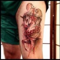Illustrative style colored thigh tattoo of beautiful unicorn