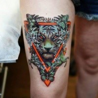 Illustrative style colored thigh tattoo of wild cat with triangle and butterflies