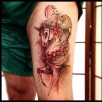 Illustrative style colored thigh tattoo of beautiful unicorn with flowers