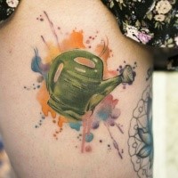 Illustrative style colored thigh tattoo of watering can