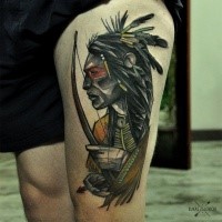 Illustrative style colored thigh tattoo of old Indian archer