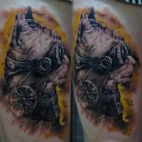 Illustrative style colored thigh tattoo of fantasy cat with glasses