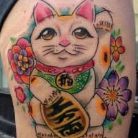Illustrative style colored thigh tattoo of maneki neko japanese lucky cat with beautiful flower