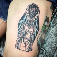 Illustrative style colored thigh tattoo of creepy woman with lightning