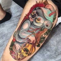 Illustrative style colored thigh tattoo of demonic koala warrior with human skull