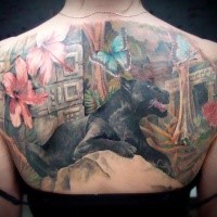 Illustrative style colored upper back tattoo of black panther in deep jungle