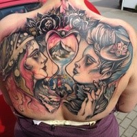 Illustrative style colored upper back tattoo of creep women with sand clock and flowers