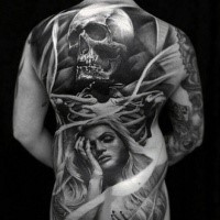 Illustrative style colored whole back tattoo of human skeleton  with angel