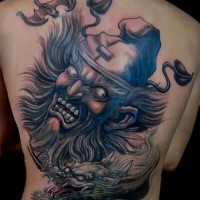 illustrative style colored whole back tattoo of creepy devil with dragon and bats
