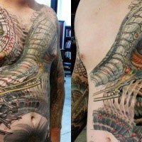 Illustrative style colored whole body tattoo of various ornaments