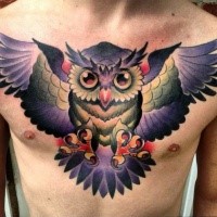 Illustrative style colored whole chest tattoo of big owl