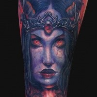 Illustrative style colorful forearm tattoo of demonic woman portrait