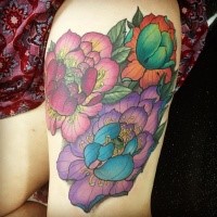 Illustrative style colorful thigh tattoo of various flowers