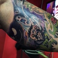 Illustrative style cool and funny painted various monsters tattoo on biceps