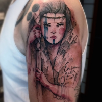 Illustrative style cored tattoo of geisha with lettering