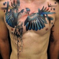 Illustrative style cute looking colored hest tattoo of nice bird