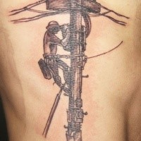 Illustrative style detailed back tattoo of lineman worker