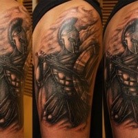 Illustrative style detailed shoulder tattoo of ancient warrior