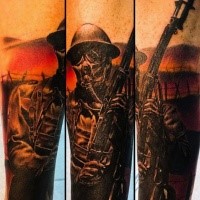 Illustrative style detailed soldier tattoo with gas mask and rifle