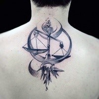 Illustrative style detailed upper back tattoo of libra with original ornament