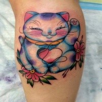Illustrative style funny looking leg tattoo of smiling maneki neko japanese lucky cat and flowers