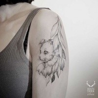 Illustrative style painted by Zihwa shoulder tattoo of cat with leaves