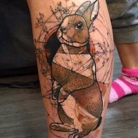 Illustrative style science themed colored leg tattoo of big rabbit with symbols