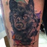 Illustrative style thigh tattoo of bear with geometrical figures
