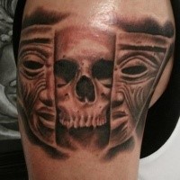 Illustrative style typical human skull with mask tattoo on shoulder