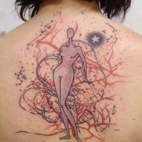 Illustrative style upper back tattoo of woman silhouette