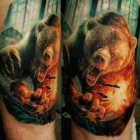 Illustrative style very detailed tattoo of evil bear attacking man with pistol