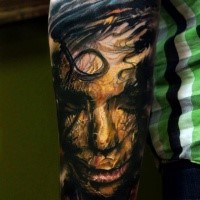 Image style colored arm tattoo of creepy mummy face