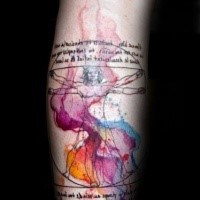 Image style colorful leg tattoo of Vitruvian man combined with lettering