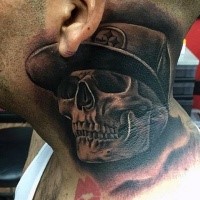 Impressive 3D style human skull tattoo on neck