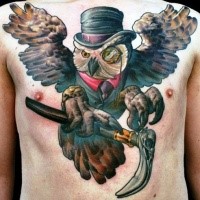 Impressive 3D style large gentleman owl tattoo on whole chest
