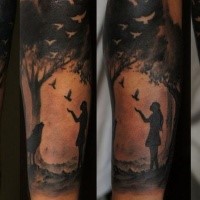 Impressive black and white forearm tattoo of girl in forest with wolf and birds