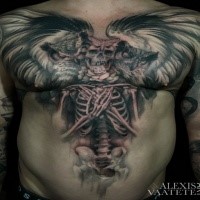 Impressive black and white large chest and belly tattoo of woman skeleton with wings