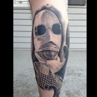 Impressive black and white realism style leg tattoo of masked man with sun glasses