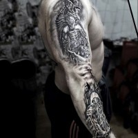 Impressive black and white very detailed sleeve tattoo of various fantasy warriors