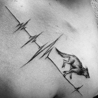 Impressive black ink collarbone tattoo of running wolf