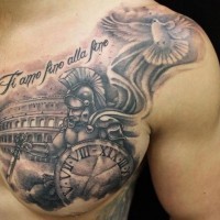 Impressive black ink detailed antic warrior tattoo on chest combined with lettering and pigeon