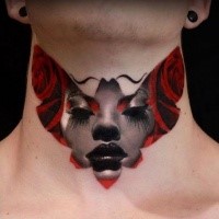 Impressive butterfly shaped colored neck tattoo stylized with woman face